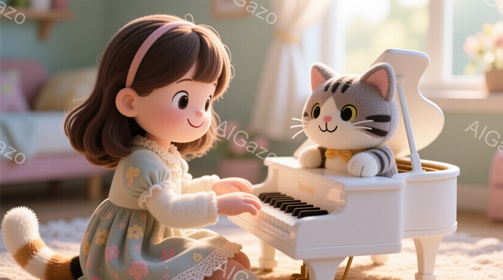 茶色の髪にピンクのリボンをつけた少女が、白いピアノを弾いています。彼女は薄緑色の花柄のワンピースを着ており、笑顔で演奏を楽しんでいる様子です。背景にはぼやけた家具や植物が見え、温かく優しい雰囲気が漂っています。