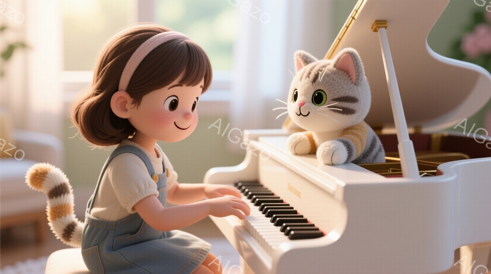 茶髪の女の子が白いピアノを弾いており、明るい笑顔を浮かべている。彼女は水色のオーバーオール姿で、髪は後ろで結び、ピンク色のヘッドバンドをつけている。背景にはぼやけた自然光が差し込み、温かく穏やかな雰囲 - AI生成フリー素材