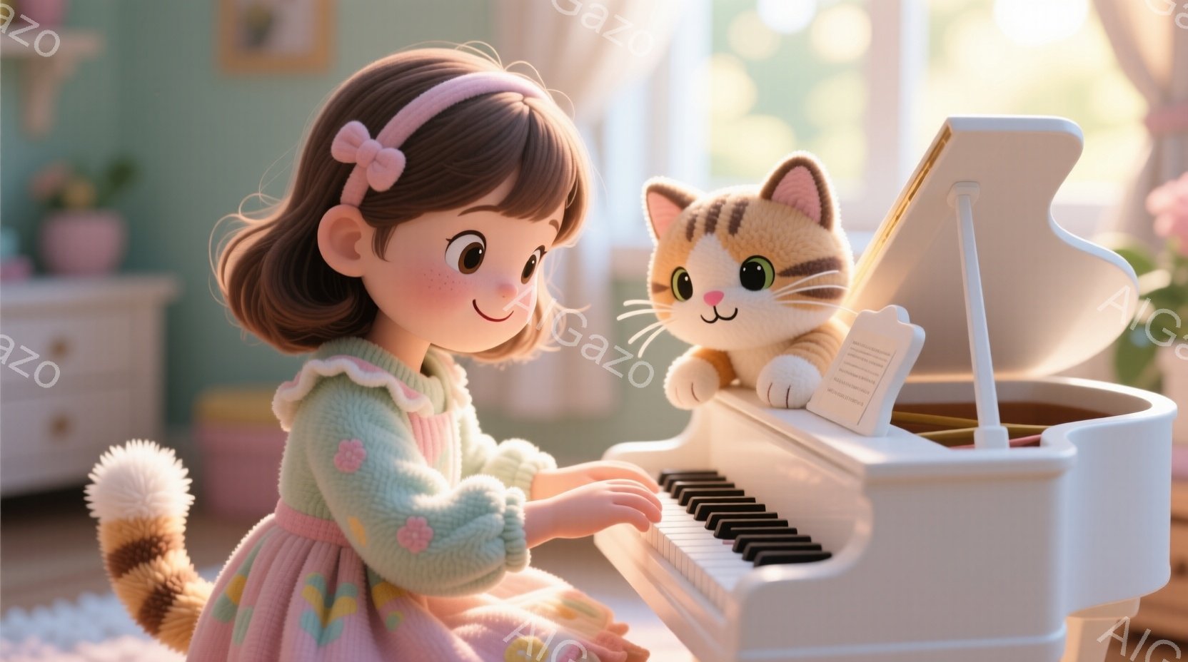 明るい茶色の髪にピンクのリボンを付けた少女が、花柄のピンク色のワンピースと緑色のセーターを着てピアノを弾いています。オレンジ色の縞模様の猫が楽譜を手に、ピアノの横で微笑んでいます。背景には白い家具と植物が見え、全体的に暖かく優しい雰囲気が漂っています。