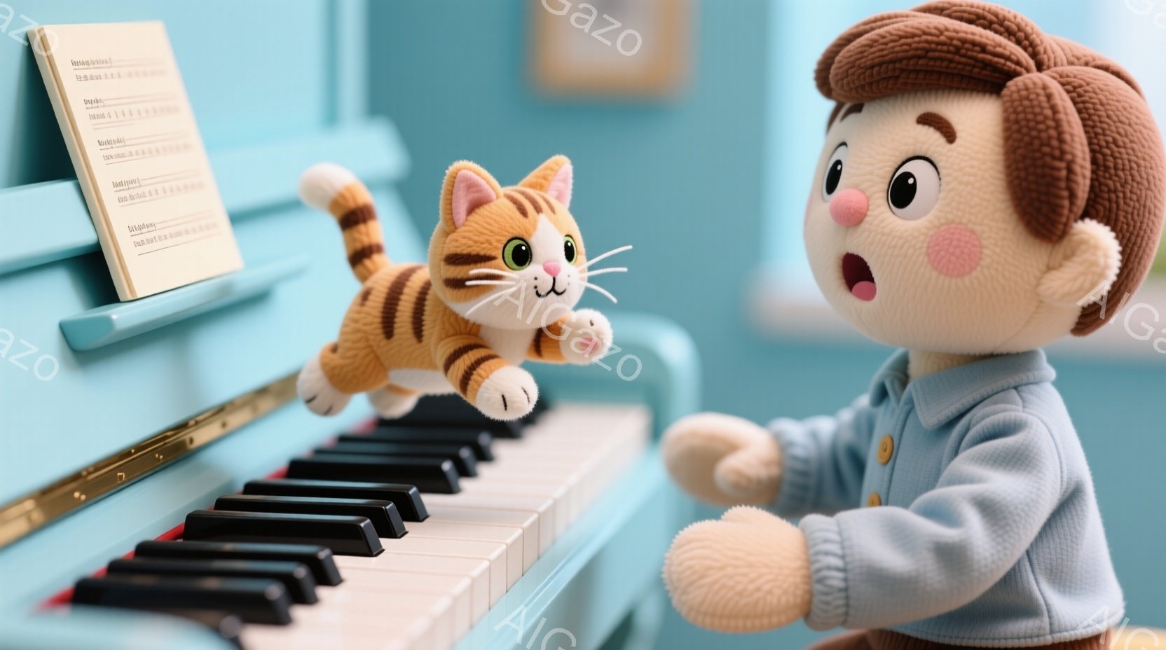 明るい青色の背景に、毛並みの柔らかいテディベアが立っており、驚いた表情で口を開けています。テディベアは水色のシャツを着て、茶色の髪型をしており、背後にはピアノと楽譜が置かれています。ピアノの上には、空中で浮かび、嬉しそうにしている縞模様の猫のぬいぐるみがあります。