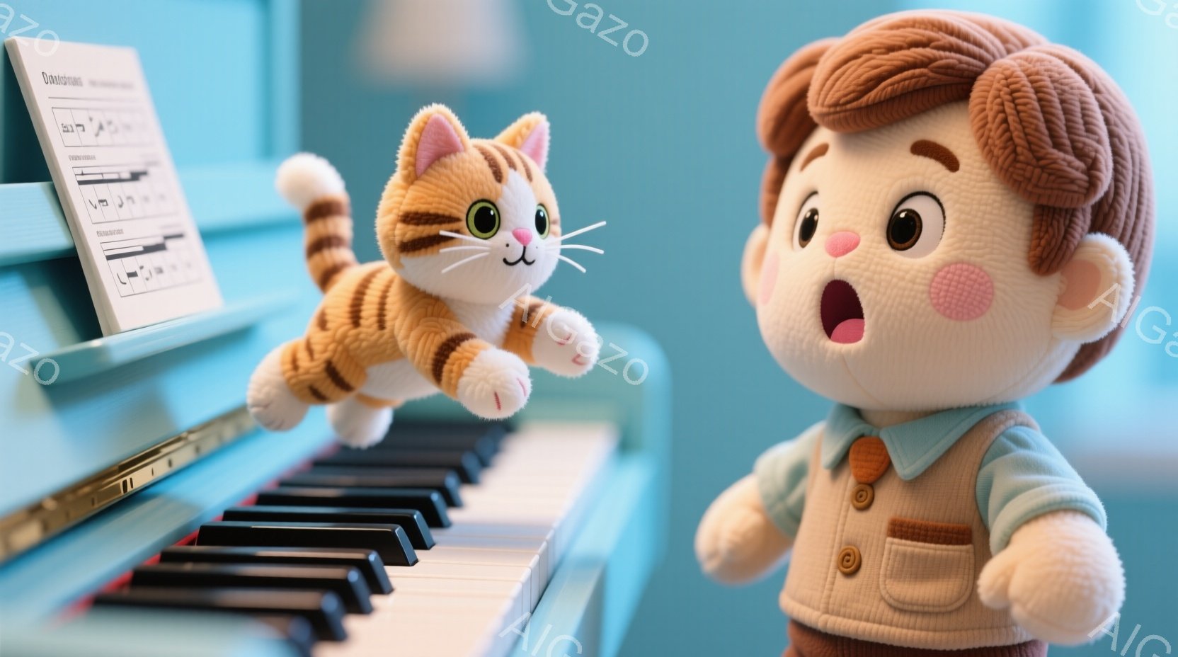明るい青色の背景を背景に、少年とオレンジ色の縞模様の猫が描かれています。少年は茶色の髪型で、ベストとシャツを着ており、驚いたような表情をしています。猫はピアノの上で宙に浮いており、遊び心のある雰囲気です。