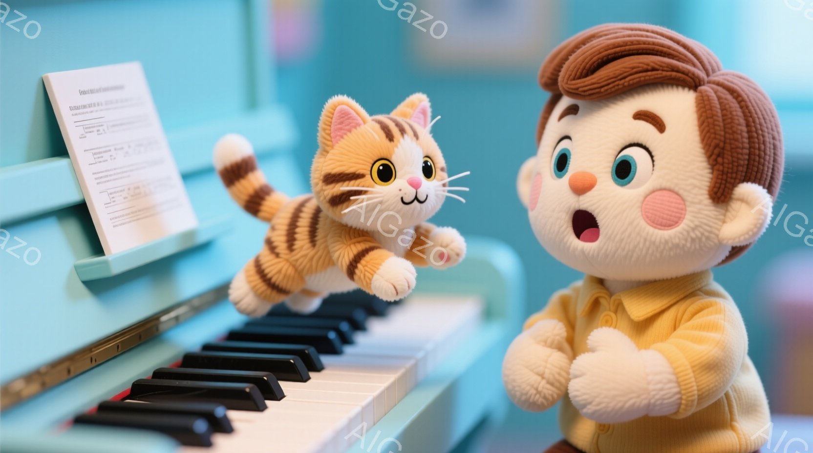 明るい青色のピアノの前に、オレンジ色の髪型をした男の子と、ピアノの上で演奏しているように見えるオレンジと白の縞模様の猫がいます。男の子は黄色いセーターを着ており、驚いた表情をしています。背景は明るい色 - AI生成フリー素材