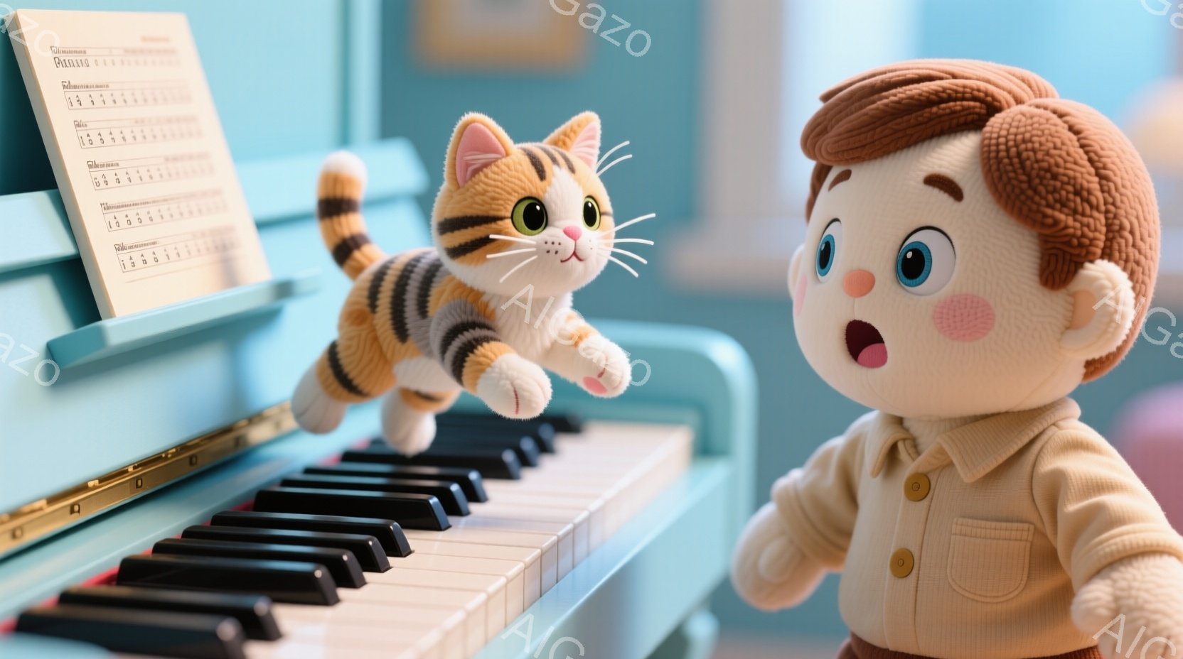 明るい色のピアノの前に、オレンジ色の髪とそばかすのある少年が立っています。彼はベージュ色のボタンダウンシャツを着ており、驚いた表情をしています。背後には、ピアノの上でジャンプしている茶色の縞模様の猫がいて、楽譜が置かれたピアノは、音楽的なシーンを強調しています。