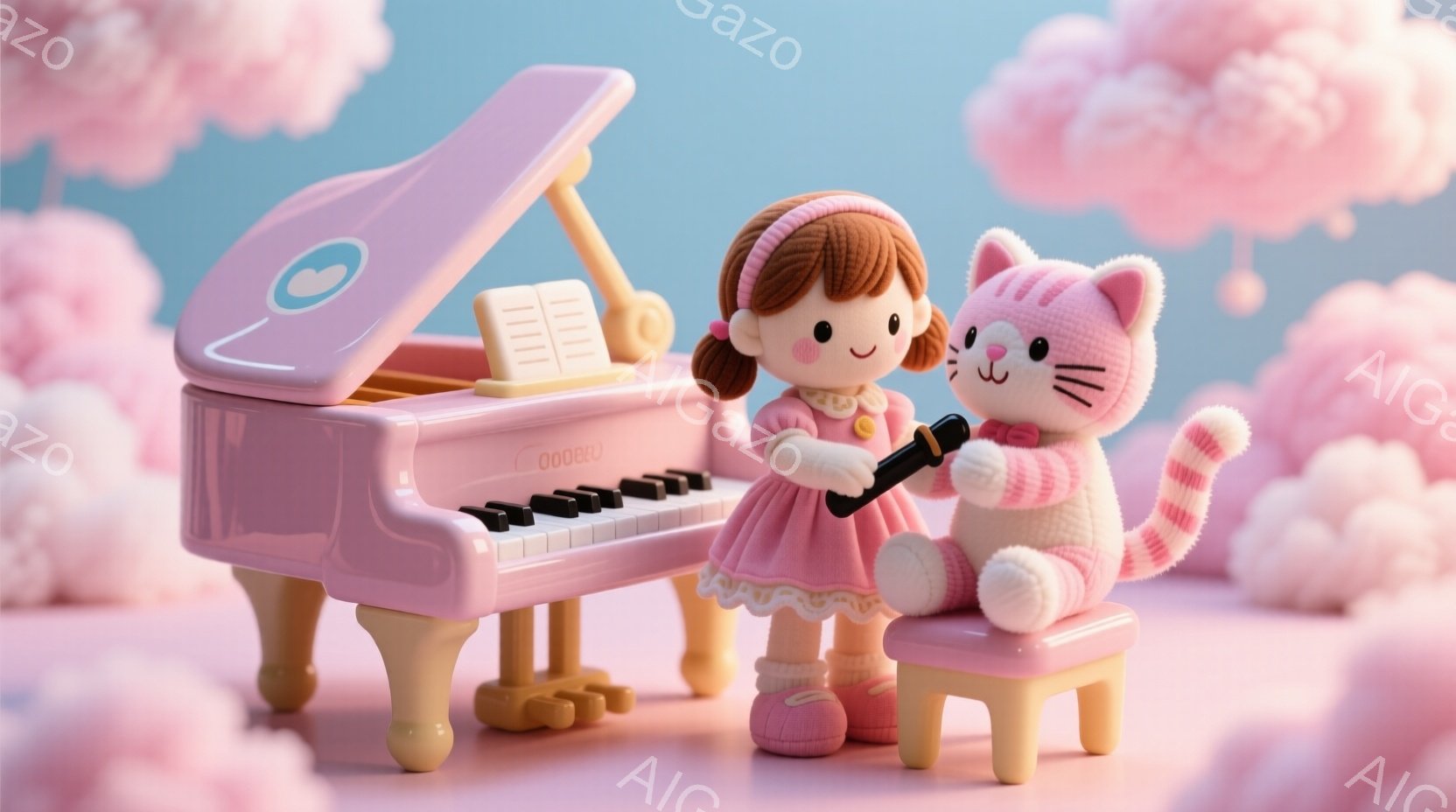 ピンク色のピアノを弾く女の子と、その横で楽しそうに歌うピンク色の猫が描かれています。女の子はピンク色のドレスと赤いリボンで髪を結い、笑顔で演奏に集中しています。背景は淡いピンク色の雲で満たされ、柔らかく夢のような雰囲気を醸し出しています。