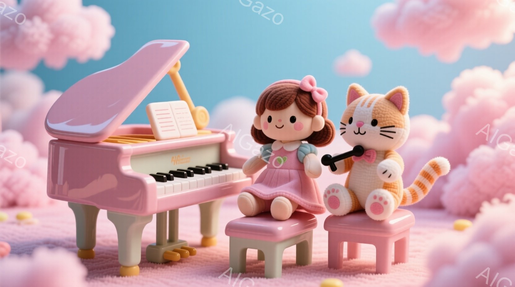 ピンク色のアップライトピアノの前に、茶色の髪を結んだ少女とオレンジ色の縞模様の猫が座っています。少女はピンク色のワンピースを着ており、嬉しそうな表情でピアノを弾いています。背景はふわふわのピンク色の雲で満たされており、柔らかく夢のような雰囲気です。
