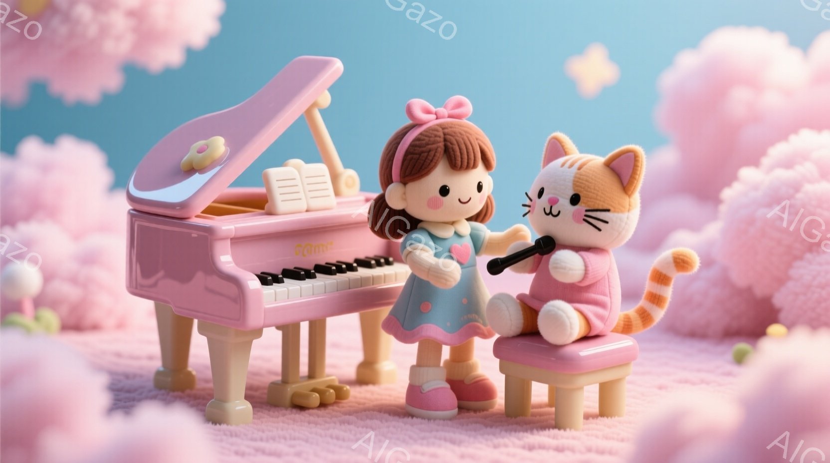 ピンク色の背景に、少女と猫がピアノを演奏している様子が描かれています。少女はカールした赤毛に青いドレス、猫はピンク色のセーターを着ており、それぞれ小さな椅子に座って楽しそうです。全体的にパステルカラーで統一され、夢のような可愛らしい雰囲気を醸し出しています。