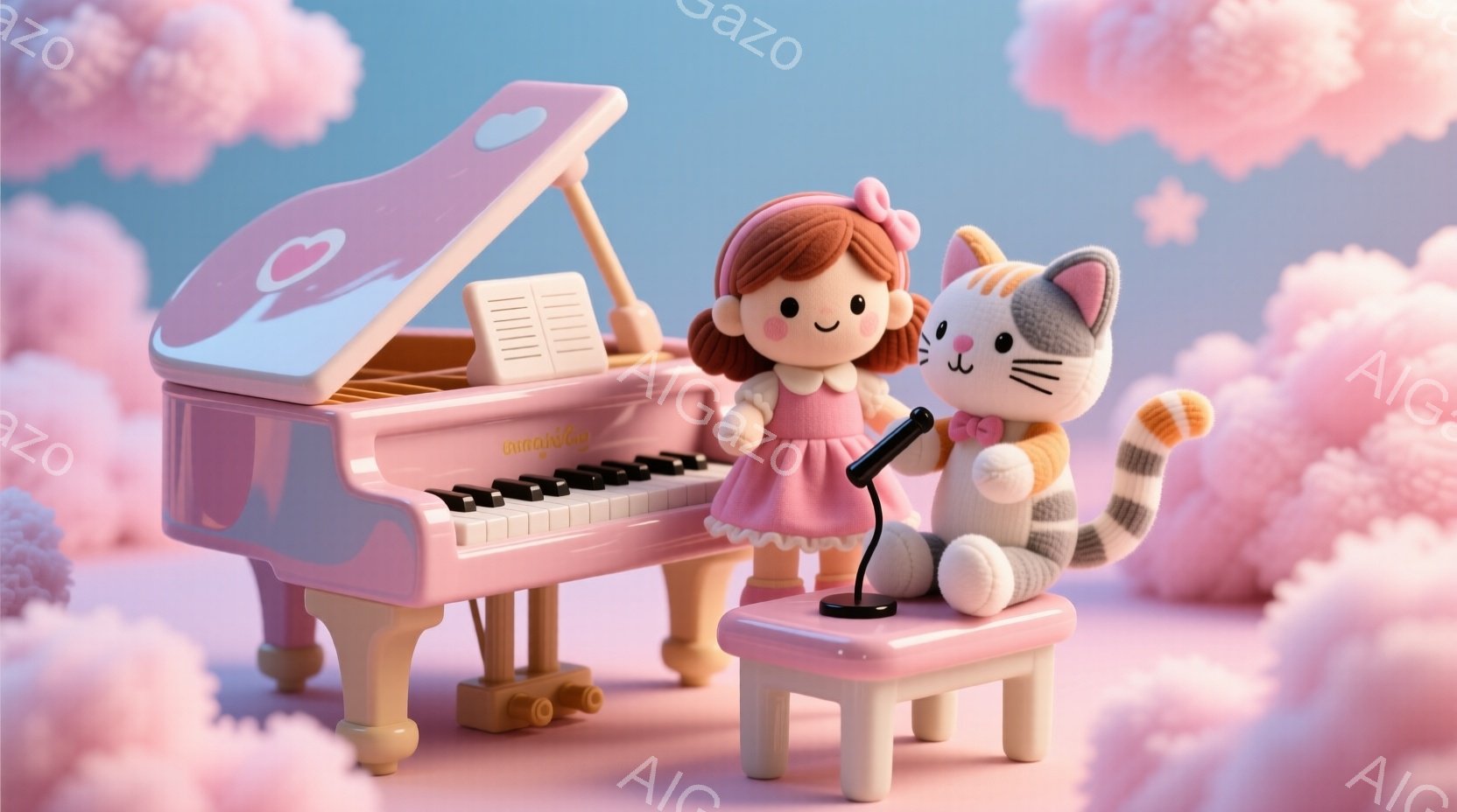 ピンク色のアップライトピアノの前に、赤いドレスを着た女の子の人形と、白い猫の人形がいます。女の子はマイクに向かって歌っているように見え、猫は彼女の隣で微笑んでいます。背景はふわふわしたピンク色の雲で満たされており、全体的に夢のような、かわいらしい雰囲気です。