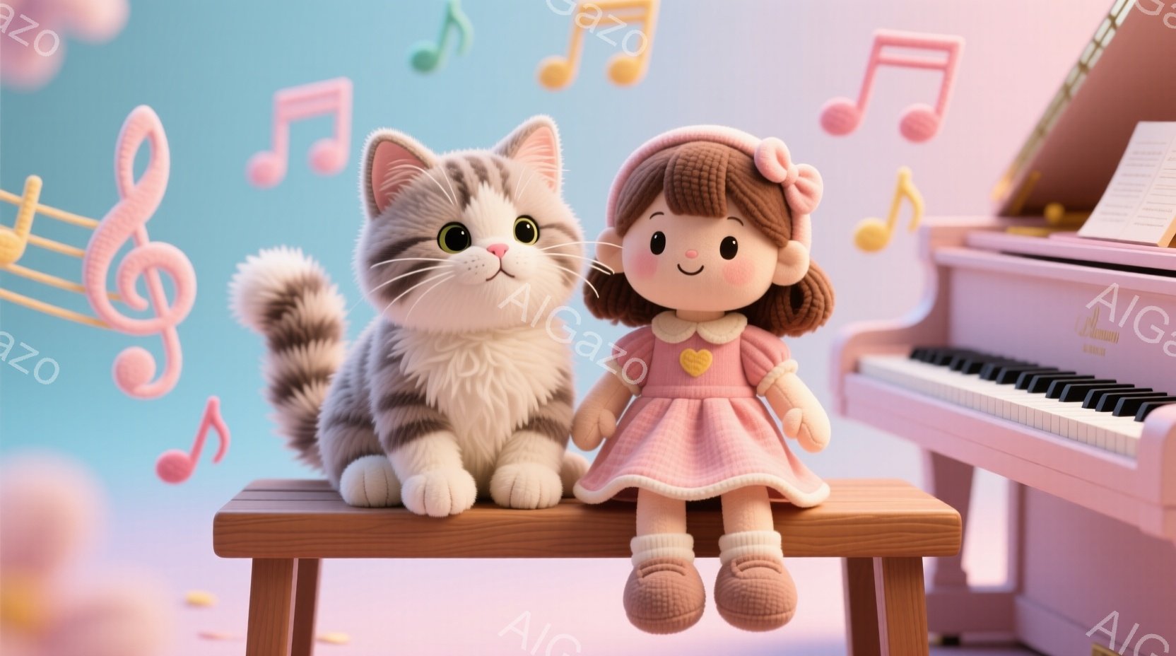 明るいピンク色の背景に、縞模様の猫と可愛らしい人形が並んで座っています。人形はピンク色のドレスと薄いピンクの靴下を履き、茶色の巻き毛で、優しい笑顔を浮かべています。背景には音符が散りばめられ、ピンク色のアップライトピアノが少し見え、全体的に温かく、夢のような雰囲気です。