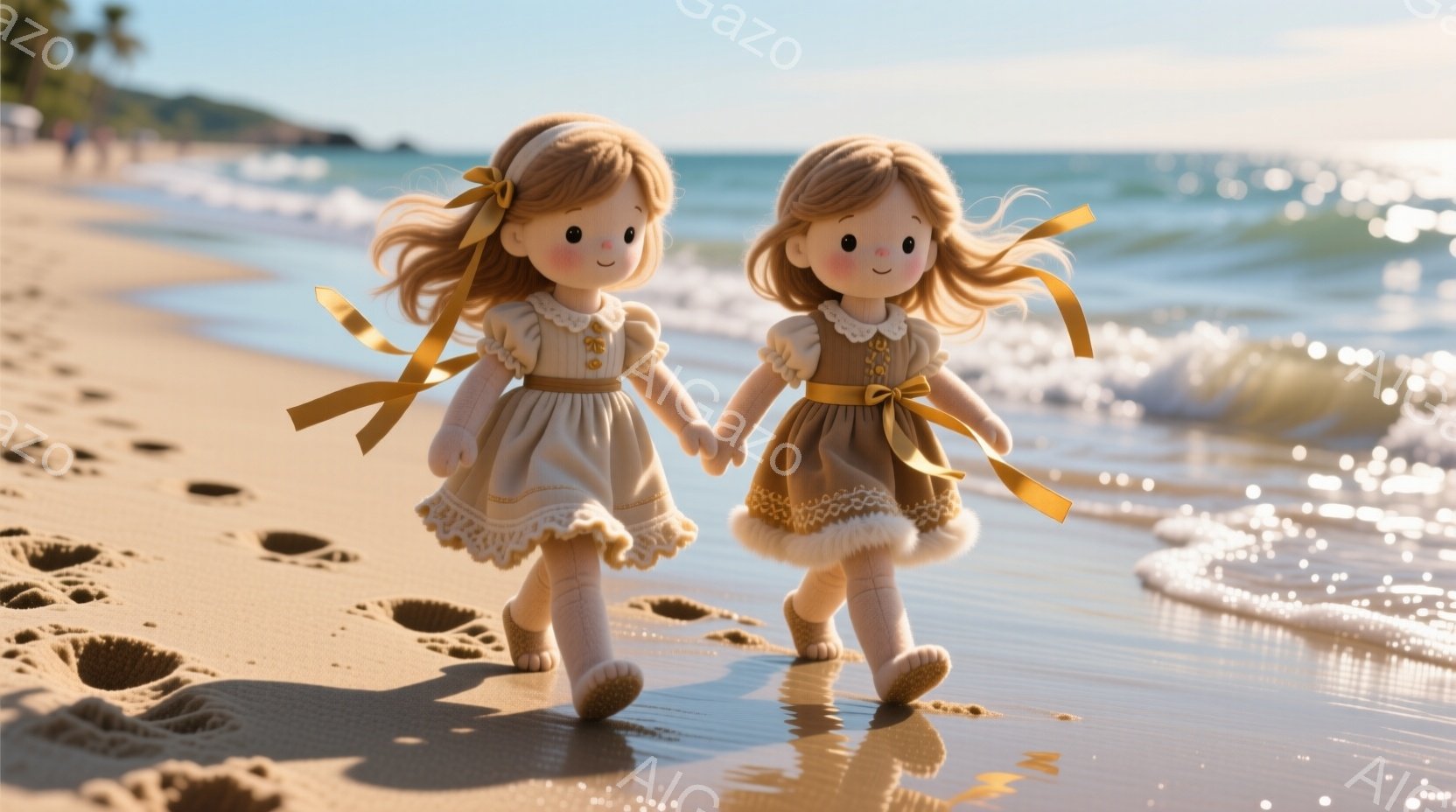 金色のリボンで結ばれた茶色の髪を持つ、同じ服を着た可愛らしい人形の女の子たちが、砂浜を並んで歩いています。オフホワイトのフリル付きドレスは、レースのトリムと淡いピンクの縁取りが施されています。背景には - AI生成フリー素材