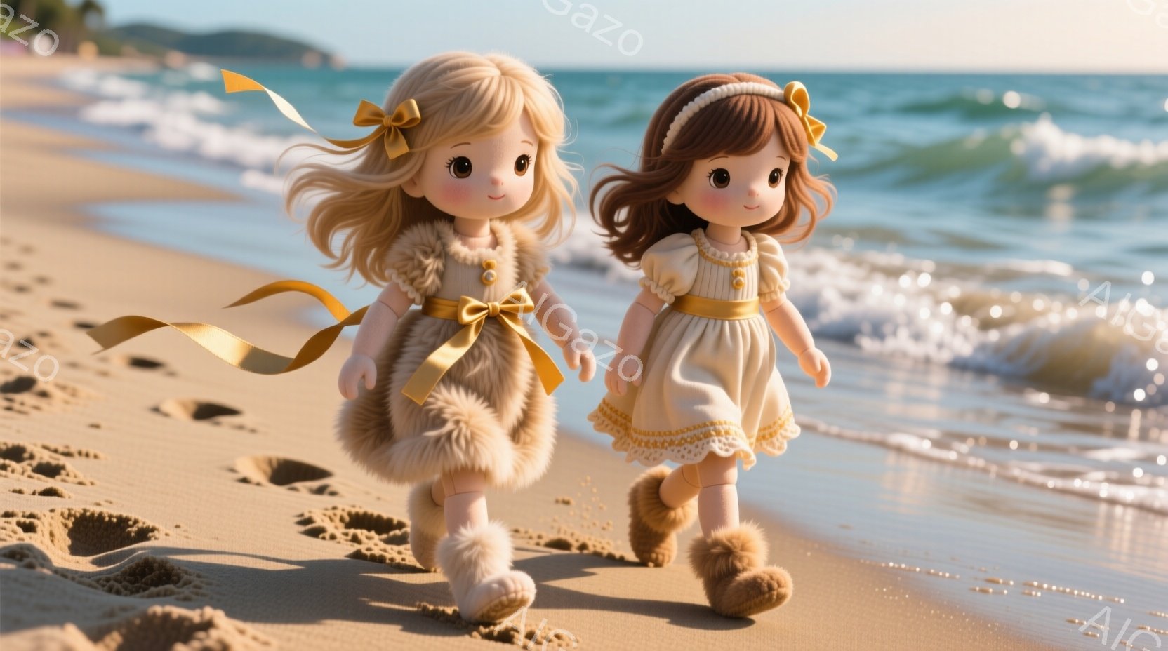 砂浜を歩く二人の少女が写っています。明るい茶色の髪にリボンをつけた少女たちは、クリーム色のワンピースと毛皮のようなフリンジ付きブーツを着ています。背景には穏やかな海と青い空が広がり、暖かく穏やかな雰囲 - AI生成フリー素材