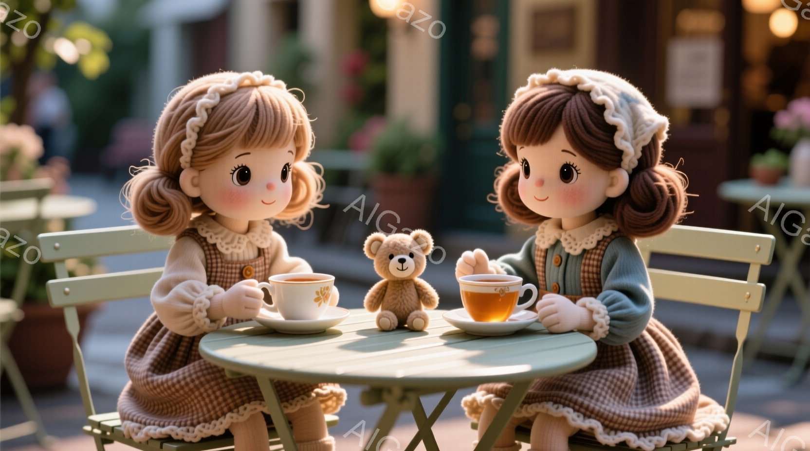 可愛らしい人形の双子が、屋外カフェの小さな丸いテーブルを挟んで向かい合って座っています。それぞれクリーム色のセーターと茶色のスカート姿で、同じ巻き毛の髪型に、優しい笑顔を浮かべています。テーブルの中央 - AI生成フリー素材