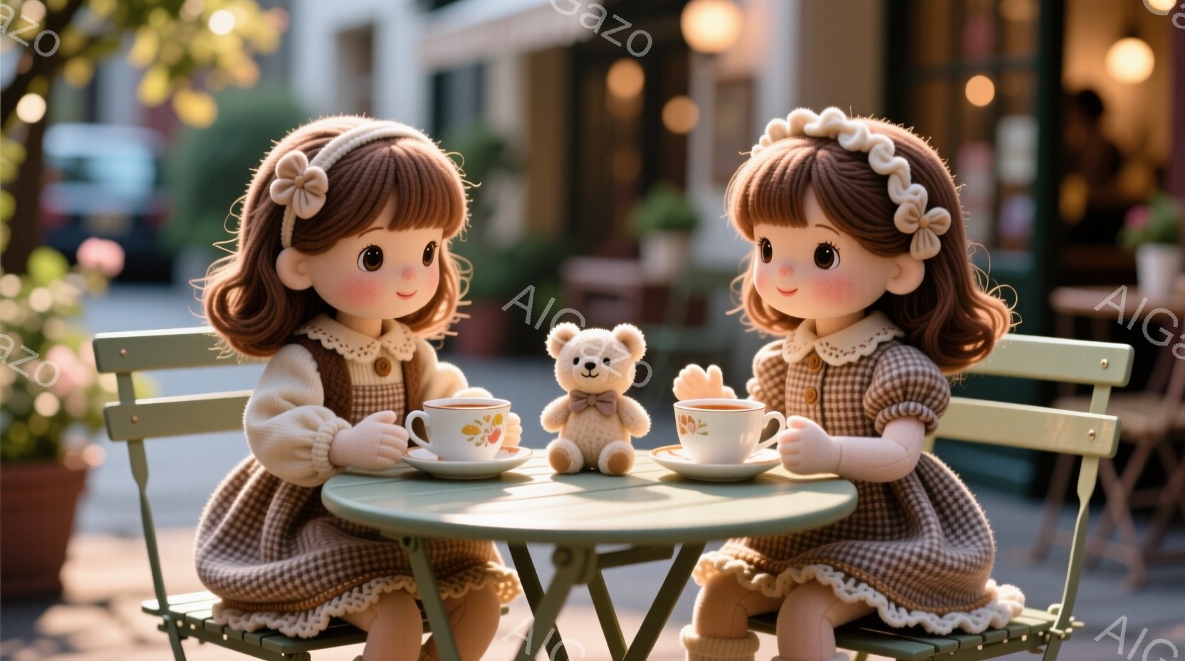 明るい茶色の巻き毛に、白いリボンをつけた女の子が、緑色のテーブルを挟んで向かい合って座っています。茶色の水玉模様のワンピースを着ており、それぞれ手にティーカップを持って優雅にティータイムを楽しんでいます。背景にはぼやけた建物と木々が見え、暖かく穏やかな雰囲気です。