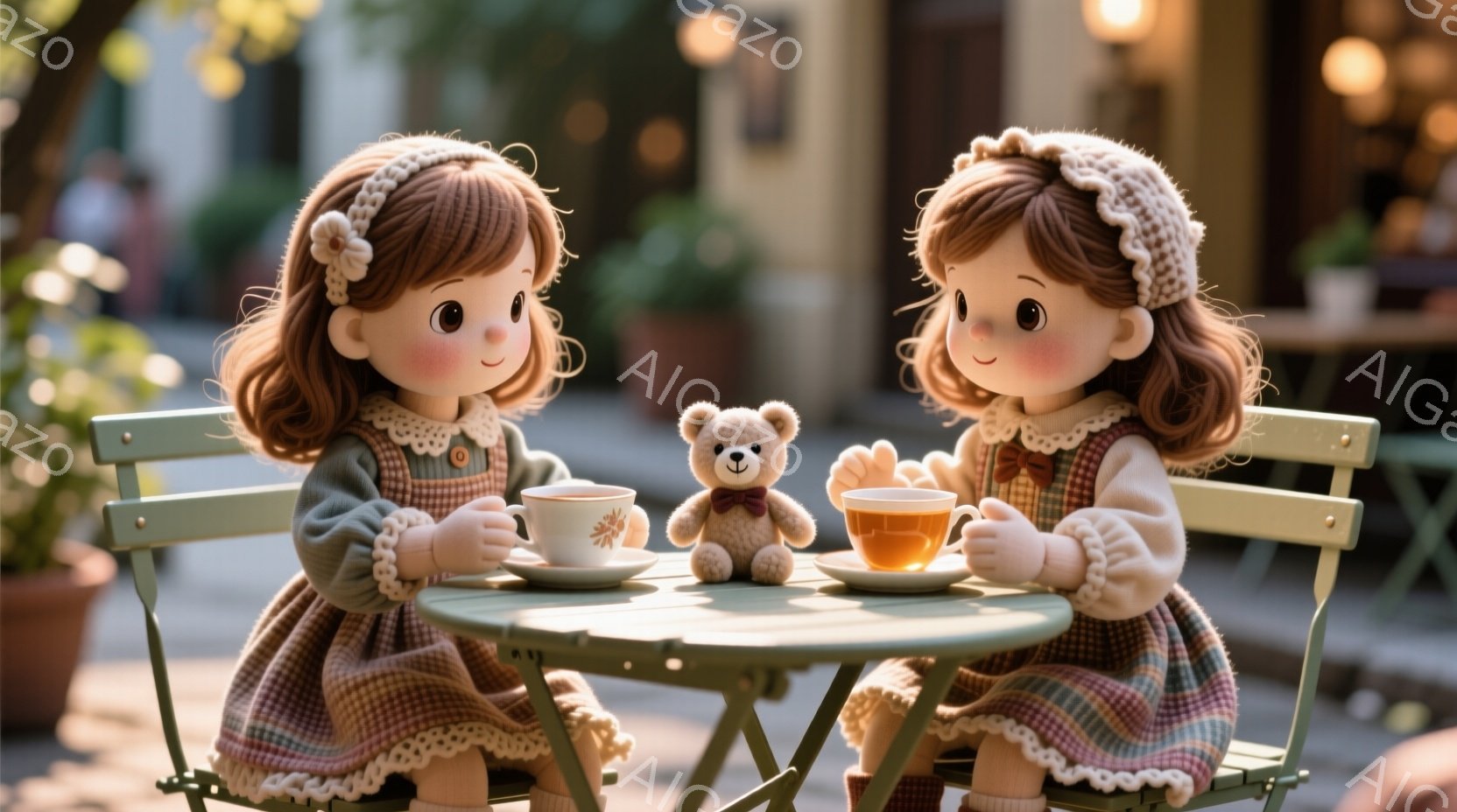 明るい日差しの下、可愛らしい少女たちが小さなテーブルを挟んで向かい合って座っています。少女たちは、フリル襟の付いた茶色のワンピースを着ており、髪は同じように巻かれ、頭にはレースのヘアバンドを付けていま - AI生成フリー素材