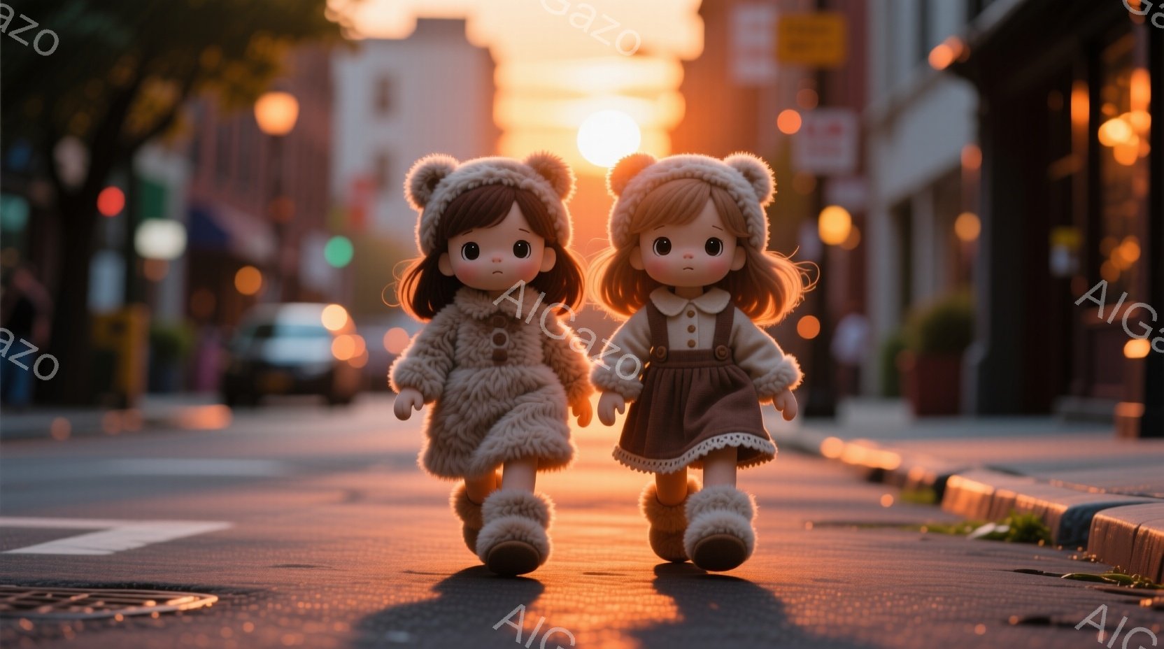 二人の少女が歩道を歩いている。クリーム色のふわふわしたコートを着て、同じようにクリーム色の髪を短く結んでいる。背景には夕焼けが広がり、道路と建物の輪郭をぼんやりと照らし、全体的に温かくノスタルジックな雰囲気を醸し出している。