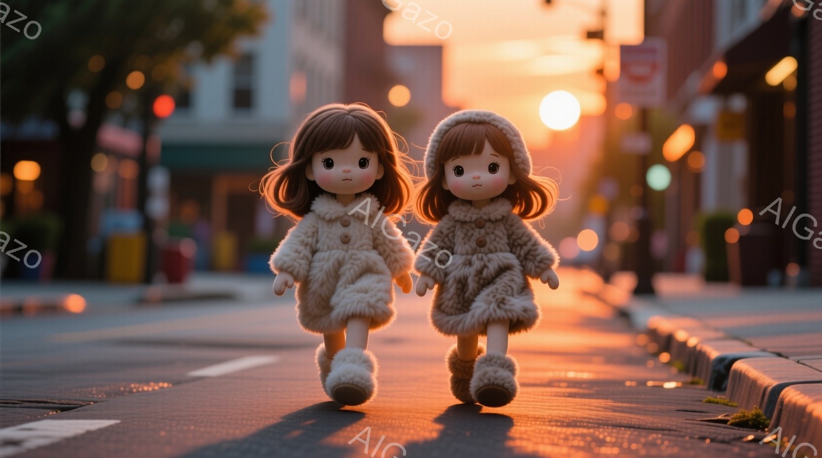ふわふわのクリーム色のコートとブーツを身に着けた、同じような外見の少女たちが、夕暮れの街路を歩いている。髪は茶色で、カールがかかっており、表情は穏やかで可愛らしい。背景には、夕日に照らされた建物や道路、そして暖色系の空が広がっており、どこか懐かしい雰囲気を醸し出している。