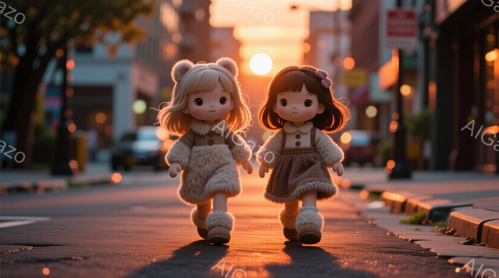 2人の可愛らしい少女が夕暮れ時の街路を歩いている。彼女たちはふわふわの毛皮のようなコート、スカート、そしてブーツを身につけ、金髪と茶髪のそれぞれ異なる髪型をしている。背景にはぼやけた建物と夕焼け空が広 - AI生成フリー素材