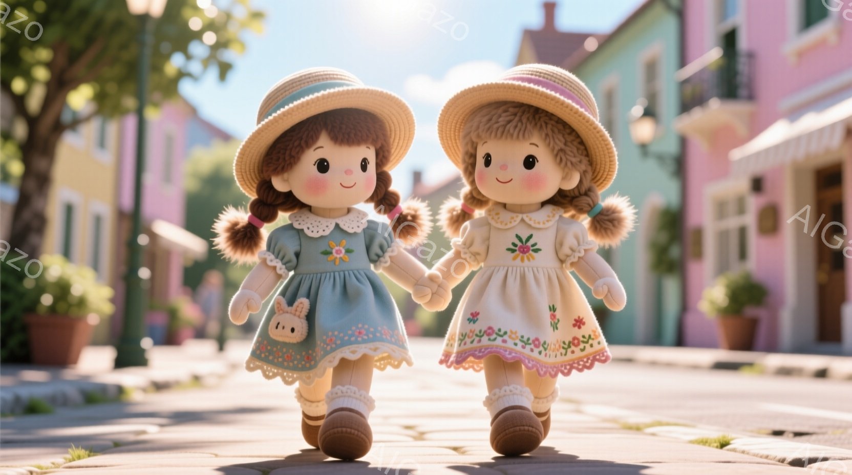 二人の少女が手をつないで歩いている様子が描かれています。それぞれ、薄いピンクと水色の刺繍が施された白いワンピースに、同じ麦わら帽子をかぶり、髪は二つに結ばれています。背景には、パステルカラーの可愛らし - AI生成フリー素材