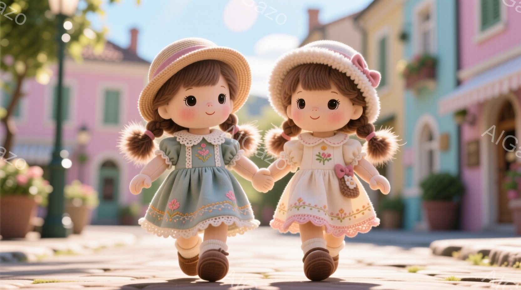 二人の幼い少女が手をつないで歩いている様子が描かれている。少女たちはそれぞれ水色とピンクのフリルがついたドレスに、同じ麦わら帽子を被り、頬は赤く、笑顔を浮かべている。背景にはカラフルな建物が並び、植物 - AI生成フリー素材