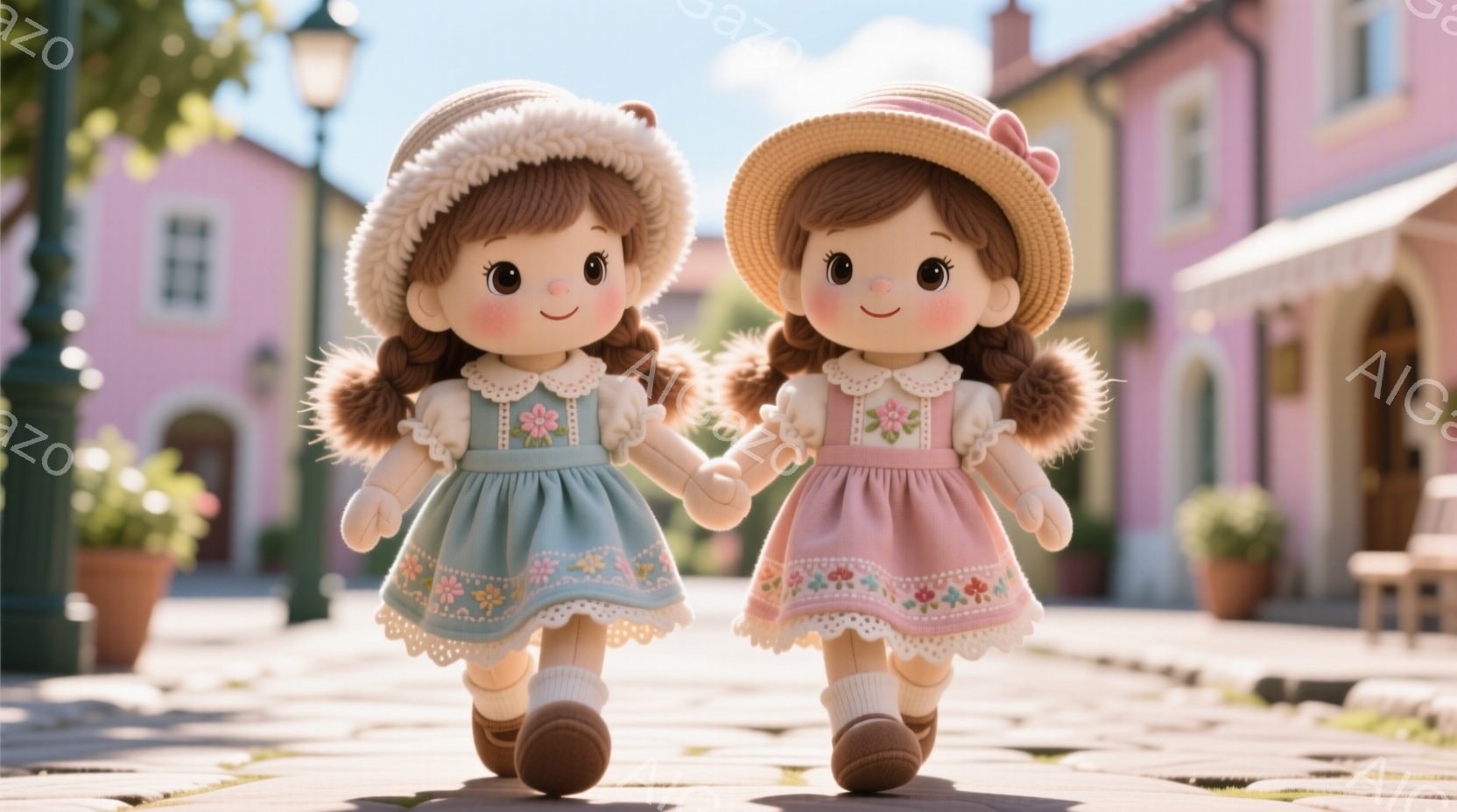 二人の少女が手をつないで、石畳の道を歩いています。それぞれ水色とピンクの、花柄が可愛らしいワンピースを着ており、同じような茶色の巻き髪に麦わら帽子をかぶっています。背景には、パステルカラーの建物が並び、晴れた空と花壇が見え、温かく穏やかな雰囲気です。
