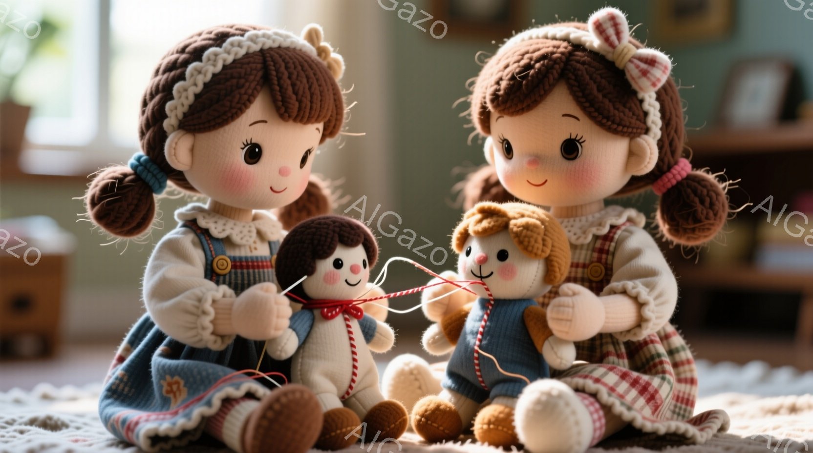 明るい室内で、赤い髪を二つに結んだ少女が、小さな人形と犬のぬいぐるみと遊んでいます。少女はチェック柄のワンピースと白いエプロンを着ており、人形と犬のぬいぐるみには赤いリボンが結ばれています。背景にはぼ - AI生成フリー素材