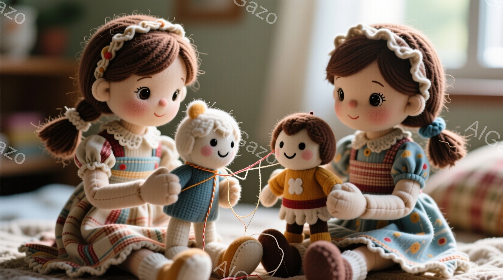 明るい室内で、可愛らしい布製の人形が三体写っています。ピンクの頬と刺繍された笑顔が印象的で、茶色の髪は二つのかわいい結び目にされています。人形たちはそれぞれ青いワンピースを着ており、お互いに赤い糸で繋がっているように見え、温かく優しい雰囲気が漂っています。
