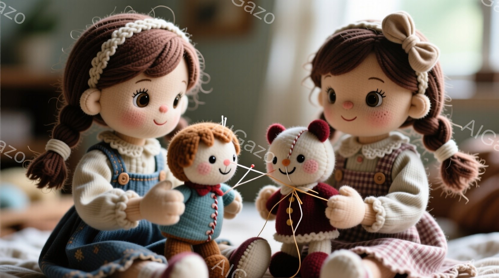 編みぐるみ人形が2体と小さな男の子の人形が写っています。人形たちは可愛らしいワンピースとセーターを着ており、それぞれ毛糸で繋がっています。背景はぼやけていますが、明るい室内で、温かく、優しい雰囲気を感じさせます。