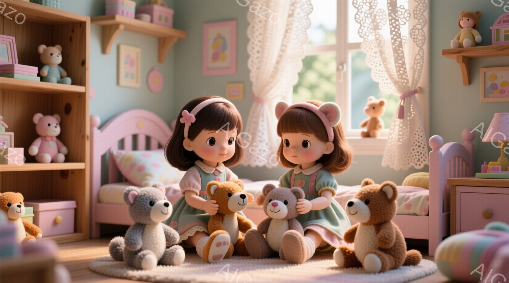 双子の少女たちは、ピンク色のベッドの前に座り、それぞれテディベアを抱きかかえています。彼女たちは茶色の短い髪、緑色のワンピース、白い靴を履いており、穏やかで愛らしい表情をしています。背景には、おもちゃ - AI生成フリー素材