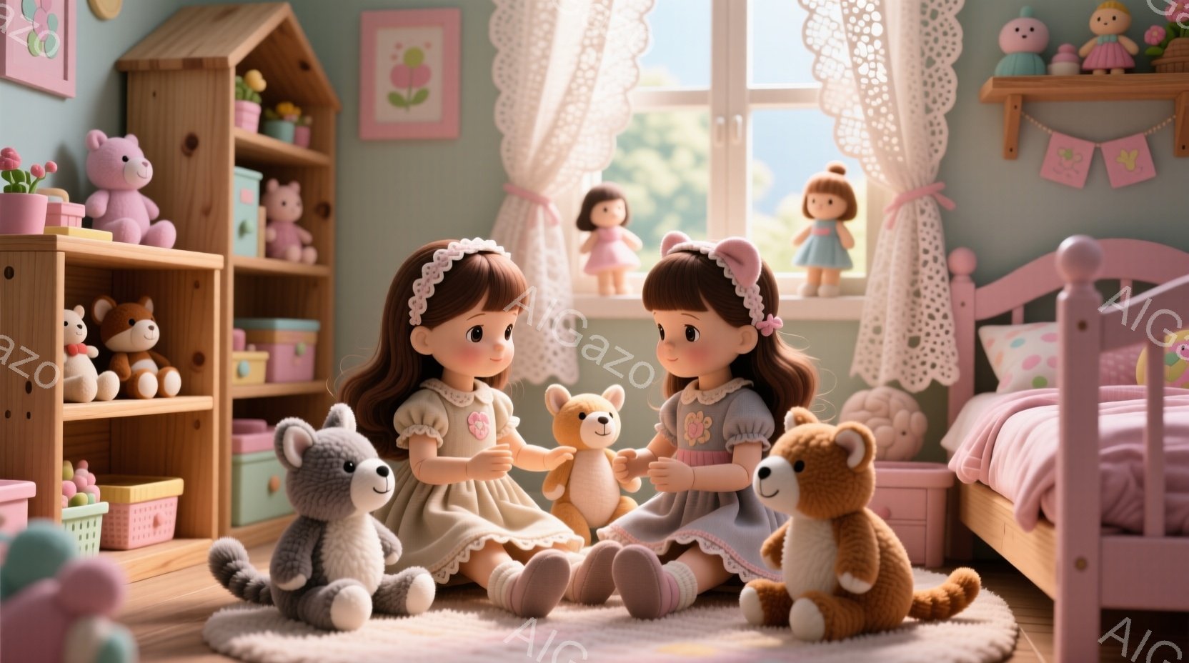 2人の女の子が、明るいピンク色のカーペットの上に座り、それぞれテディベアを抱えています。彼女たちは同じように茶色の短い髪と、頭にピンクのリボンをつけており、穏やかな笑顔を浮かべています。背景には、おもちゃや可愛らしい装飾品が並んだ棚、レースのカーテンの窓、ピンクのベッドがあり、暖かく、夢のような雰囲気を醸し出しています。