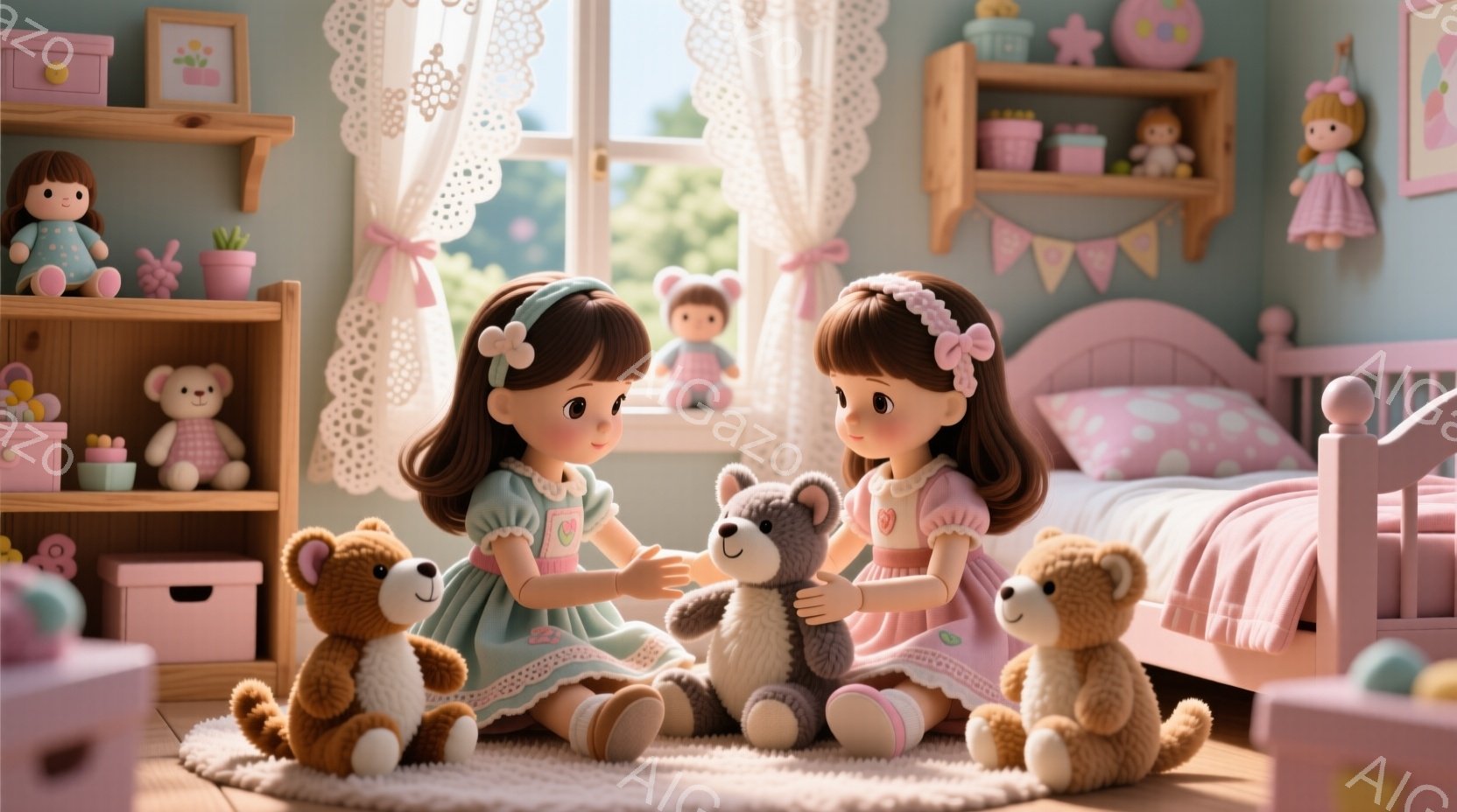 二人の少女が床に座り、それぞれテディベアを抱えています。彼女たちは同じ緑色のワンピースを着ており、髪は茶色で、頭にはリボンをつけています。背景にはピンク色のベッド、おもちゃや本が並んだ棚、窓から差し込む優しい光があり、温かく、遊び心のある雰囲気を醸し出しています。