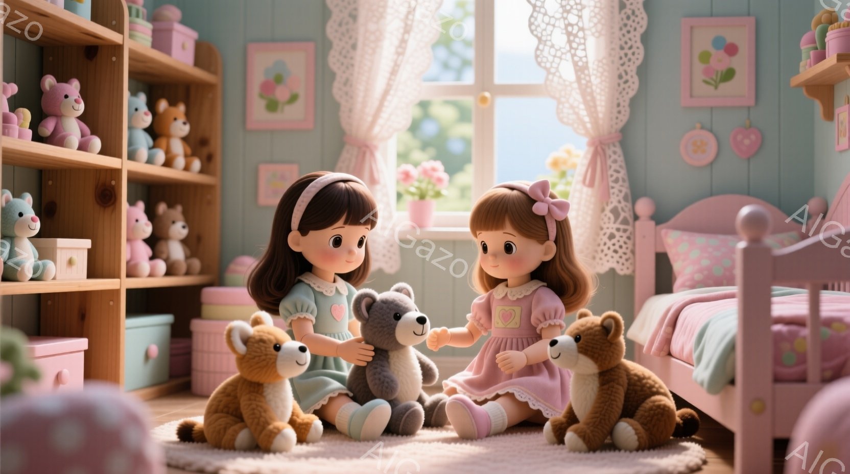 二人の幼い女の子が、明るいピンクと水色の子供部屋で、テディベアと遊んでいます。女の子たちは同じ髪型で、前髪を揃え、サイドにリボンをつけています。ピンク色のワンピースを着て、床に座って、それぞれのテディベアを優しく抱きしめています。