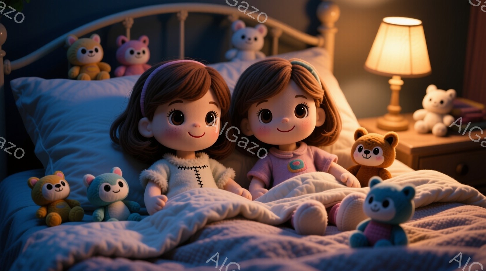 2人の人形がベッドに寄り添って座っており、それぞれ白い毛皮の縁取りのあるピンクと白のパジャマを着ています。彼女たちは茶色の巻き毛で、大きな笑顔を浮かべています。背景には、ベッドサイドテーブルの上のラン - AI生成フリー素材