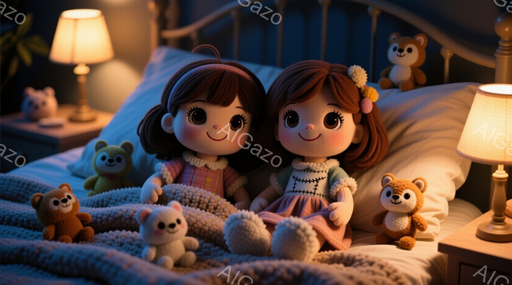 ふたつの人形がベッドに寄り添って座っており、それぞれピンクとオレンジ色の可愛らしいドレスを着ています。人形は茶色の巻き毛で、大きな瞳と微笑んだ表情をしています。背景にはクマのぬいぐるみや、暖かい光を放 - AI生成フリー素材