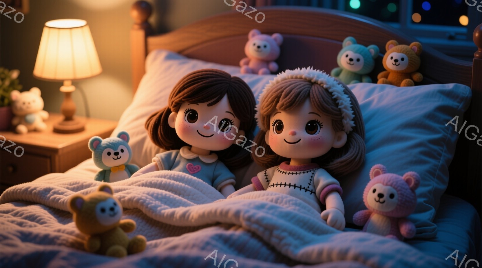 明るいランプの光の下、ベッドに寄り添う二人の少女が描かれています。彼女たちはそれぞれグレーのセーターを着ており、ふわふわの茶色の髪と大きな瞳が特徴です。ベッドの周りには、パステルカラーの可愛らしいクマ - AI生成フリー素材