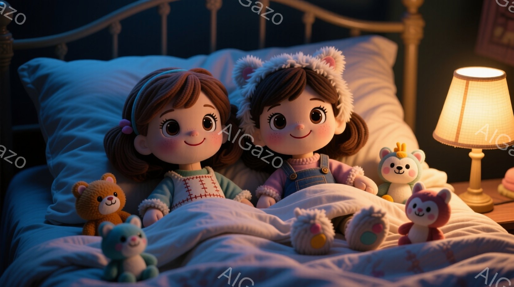 柔らかい光に照らされたベッドに、可愛らしい人形が二体寄り添って座っています。片方の人形はピンク色のパジャマに、もう片方は水色のオーバーオールを着ており、どちらも大きな瞳と穏やかな笑顔を浮かべています。 - AI生成フリー素材