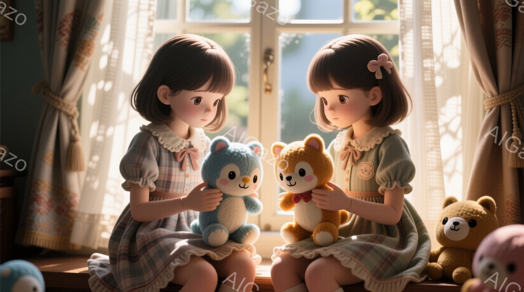 二人の少女が窓辺に座り、それぞれ青い犬と茶色のクマのぬいぐるみを抱えています。彼女たちは同じ緑色のチェック柄のワンピースを着ており、髪は短く、前髪があり、頭にはリボンをつけています。背景には他のクマのぬいぐるみがあり、全体的に柔らかく暖かい光が差し込む、平和でノスタルジックな雰囲気です。