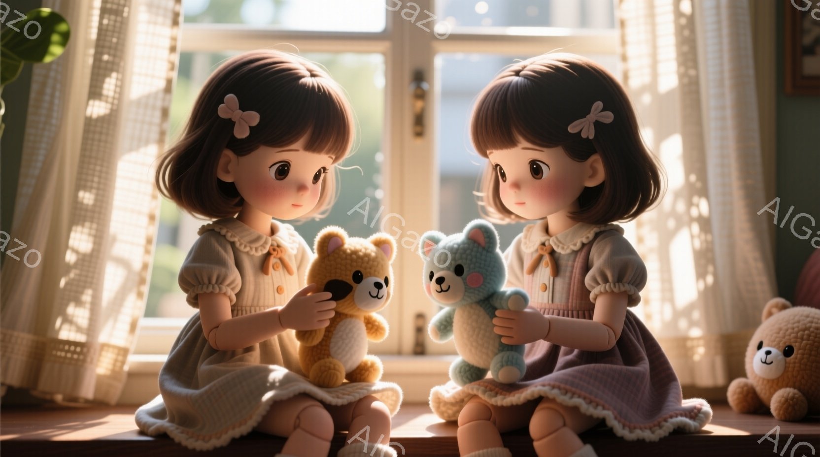 窓辺に座る、可愛らしい人形が二人います。ピンク色のフリルが縁取られた水色のワンピースを着ており、茶色のカールした髪にはリボンをつけています。それぞれがテディベアを抱きしめ、暖かく優しい雰囲気が漂っています。