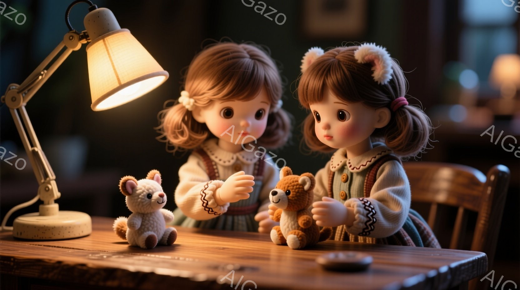 明るい光の下で、二人の少女が小さなクマのぬいぐるみを抱えています。彼女たちは可愛らしいドレスを着ており、髪はリボンで結ばれた二つのかたわに結ばれています。背景には木製のテーブルと椅子があり、暖かく優しい雰囲気を醸し出しています。