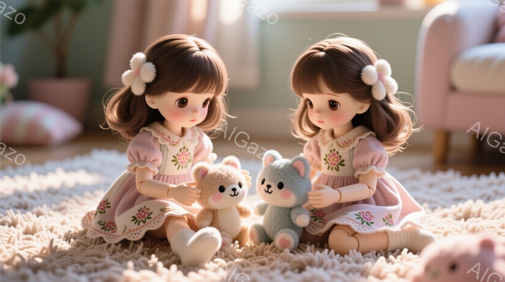 2人の小さな女の子がふわふわのカーペットの上に座って、それぞれテディベアを抱きかかえています。彼女たちはピンク色の花柄のワンピースを着ており、茶色の巻き毛に白いリボンをつけています。背景にはぼやけたソファや植物が見え、全体的に暖かく、穏やかな雰囲気が漂っています。
