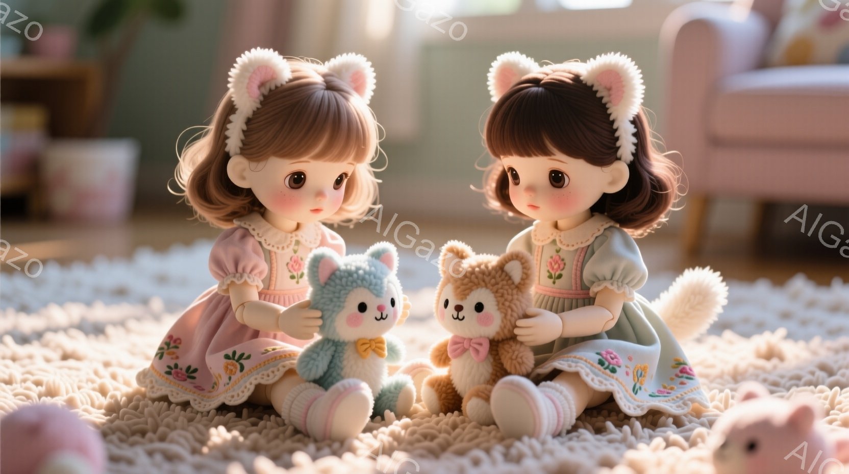 ふたつの人形が、ふわふわのカーペットの上に座って、それぞれテディベアを抱きかかえています。人形は、花柄の装飾が施されたパステルカラーのワンピースを着ており、頭には可愛らしい動物の耳のアクセサリーをつけています。背景には、柔らかい光が差し込むリビングルームの一部が見え、温かく穏やかな雰囲気を醸し出しています。