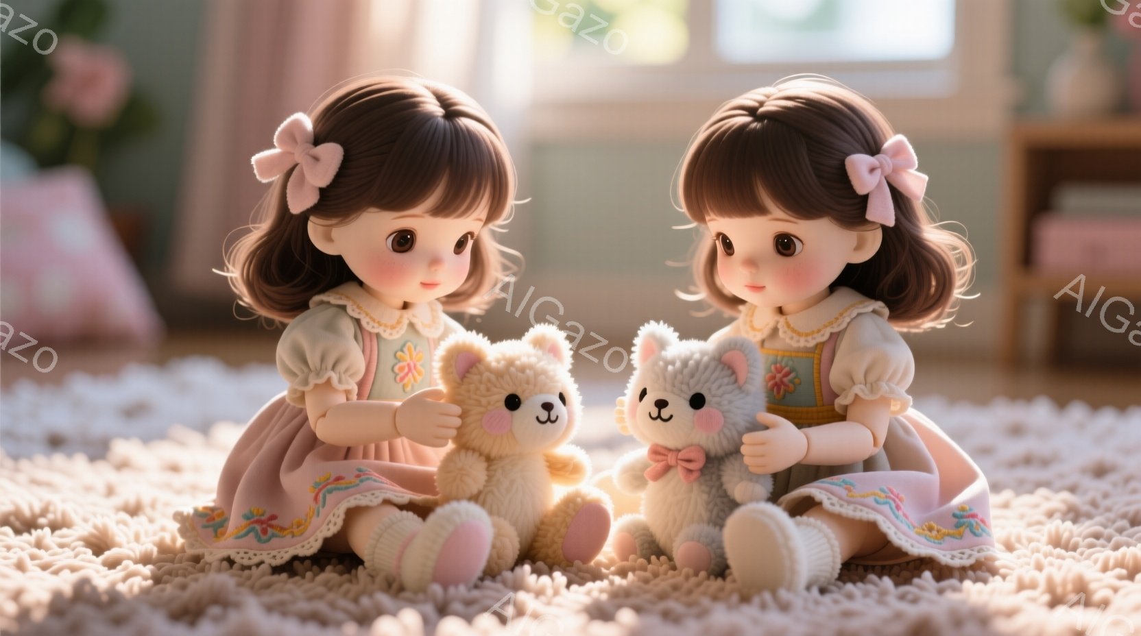 2人の人形がふわふわの絨毯の上に座り、それぞれテディベアを抱えています。人形はクリーム色のワンピースにピンクの縁取りがあり、髪は茶色で、前髪にはリボンがついています。背景には木製の家具と植物が見え、暖 - AI生成フリー素材