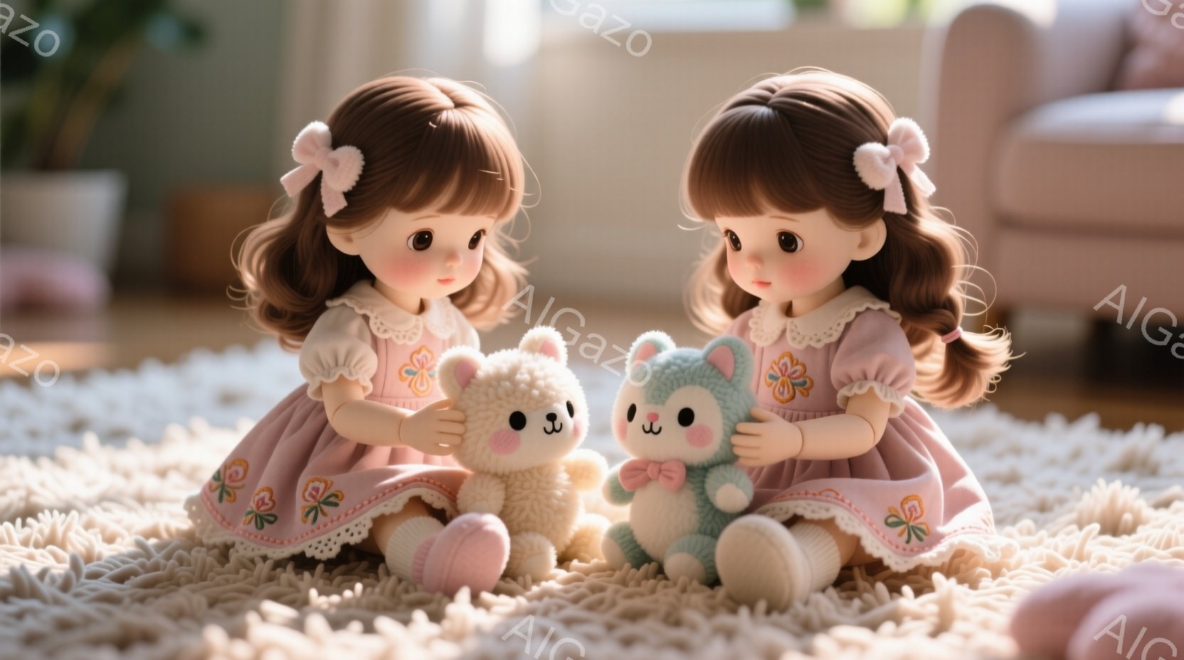 2人の少女がふわふわのカーペットの上に座り、それぞれテディベアを抱えています。彼女たちはピンク色の花柄が可愛らしいワンピースを着ており、茶色のカールした髪にはリボンをつけています。背景には薄いピンク色の椅子が見え、全体的に柔らかく優しい雰囲気が漂っています。