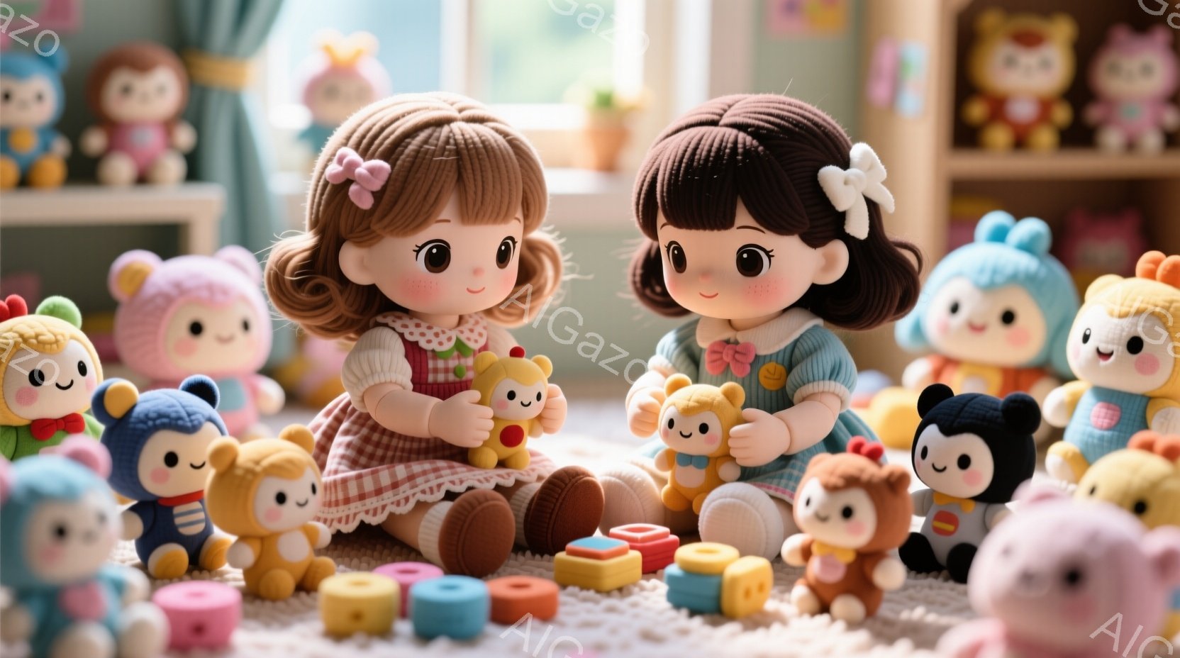 可愛らしい人形たちが床に座って遊んでいます。茶髪の女の子は赤いギンガムチェックのワンピースに、もう一人は水色のセーターを着ており、どちらも同じふわふわのくまの人形を抱えています。背景にはカラフルな動物のぬいぐるみや積み木が置かれ、温かく遊び心のある雰囲気を醸し出しています。