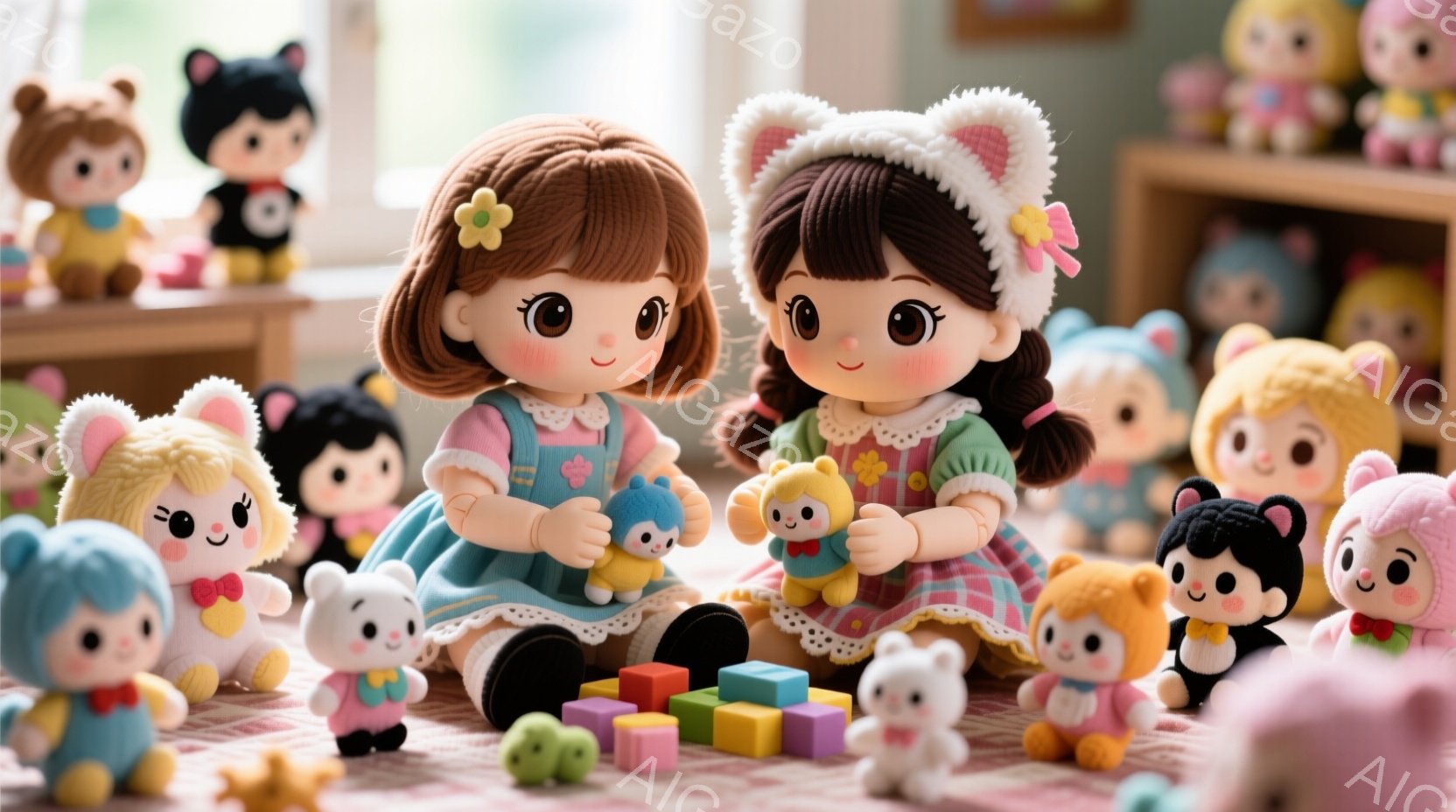 2人の女の子の人形が床に座り、それぞれ小さな動物のぬいぐるみを抱えています。彼女たちは水色とピンクのドレッシーな服装で、髪はポニーテールに編み込まれ、頭には可愛らしいリボン付きのヘッドバンドをつけてい - AI生成フリー素材