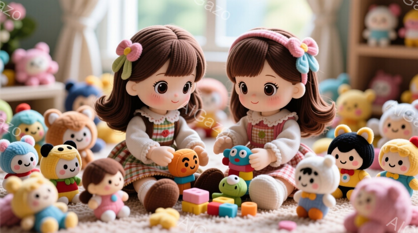 明るい部屋で、茶色の巻き毛の双子の女の子が、カラフルな積み木やぬいぐるみで遊んでいます。彼女たちはギンガムチェックのワンピースに、頭にはピンクのリボンをつけており、笑顔で積み木を手に持っています。背景には、さまざまな動物のぬいぐるみがたくさん並び、暖かく、遊び心のある雰囲気を醸し出しています。