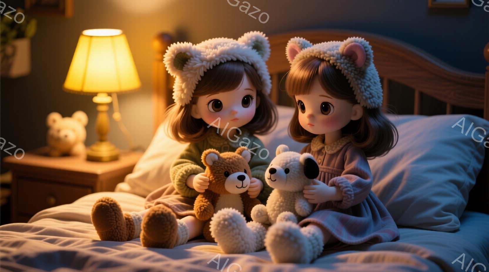 可愛らしい女の子の双子がベッドに並んで座っており、それぞれテディベアを抱きしめています。彼女たちはピンクがかった灰色のドレスを着ており、頭にはクマの耳がついた帽子を被っています。背景には、夜の雰囲気を示す柔らかな光を放つテーブルランプとサイドテーブル、そしてぼんやりとした部屋の内装が見えます。