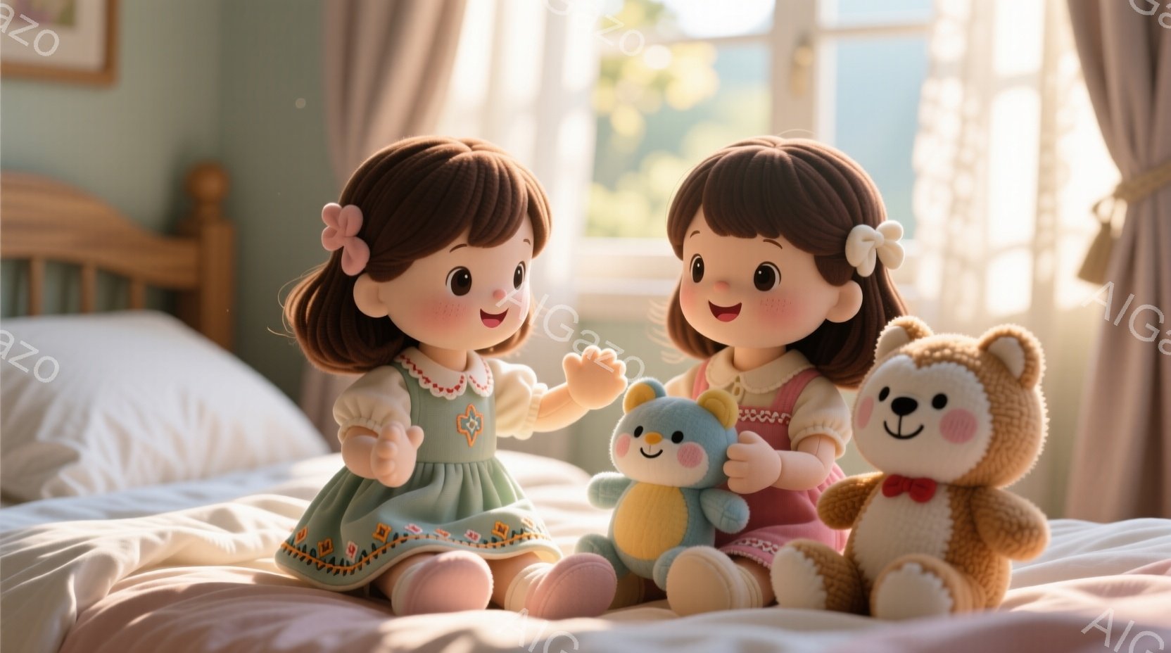 2人の幼い女の子がおもちゃのベッドの上に座っており、それぞれ明るい緑とピンクのドレスを着ています。彼女たちは茶色のカールした髪に髪飾りをつけており、笑顔で可愛らしい表情をしています。背景は暖色系の部屋 - AI生成フリー素材