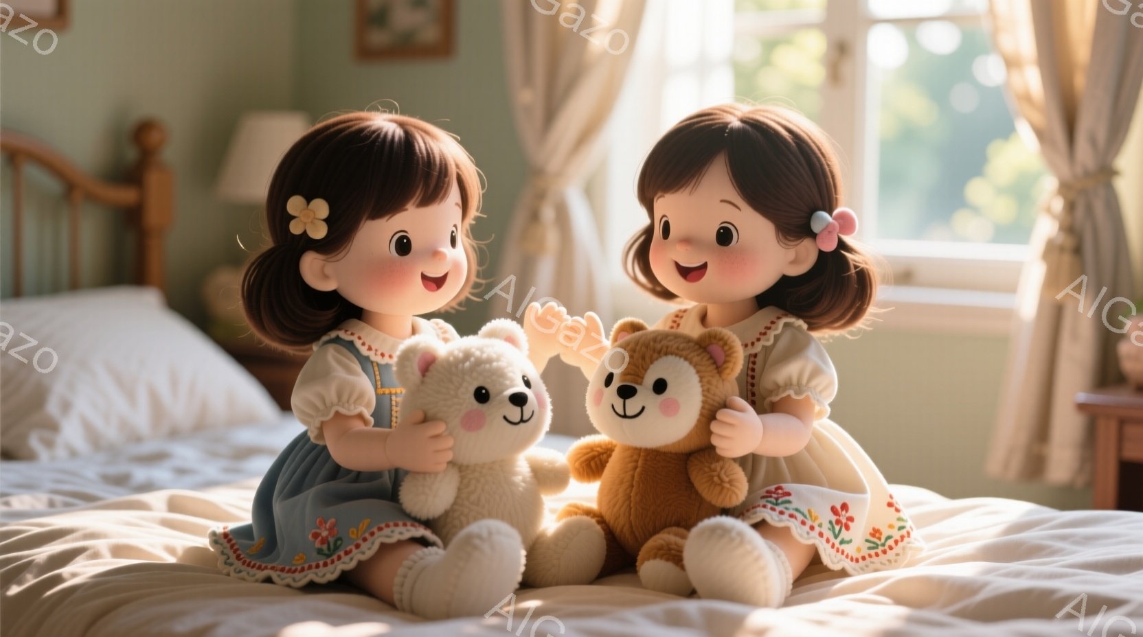二人の幼い女の子がベッドの上に座り、それぞれ白い熊と茶色の熊のぬいぐるみを抱きかかえています。彼女たちは同じ髪型と服装で、茶色のボブヘアに赤いリボン、そして花柄の装飾が施された水色のワンピースを着ています。背景は暖色系の壁と窓から差し込む光で、穏やかで夢のような雰囲気です。