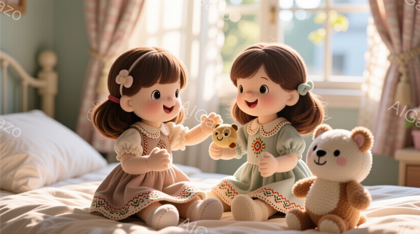 ふたつの可愛らしい女の子がベッドの上に座っており、それぞれ緑色と茶色の装飾が施されたドレスを着ています。彼女たちは同じ髪型で、両側の髪をカールさせてリボンで結んでいます。明るい笑顔と輝く瞳が特徴で、片方の女の子は小さな熊の人形をもう一方の女の子に渡そうとしています。