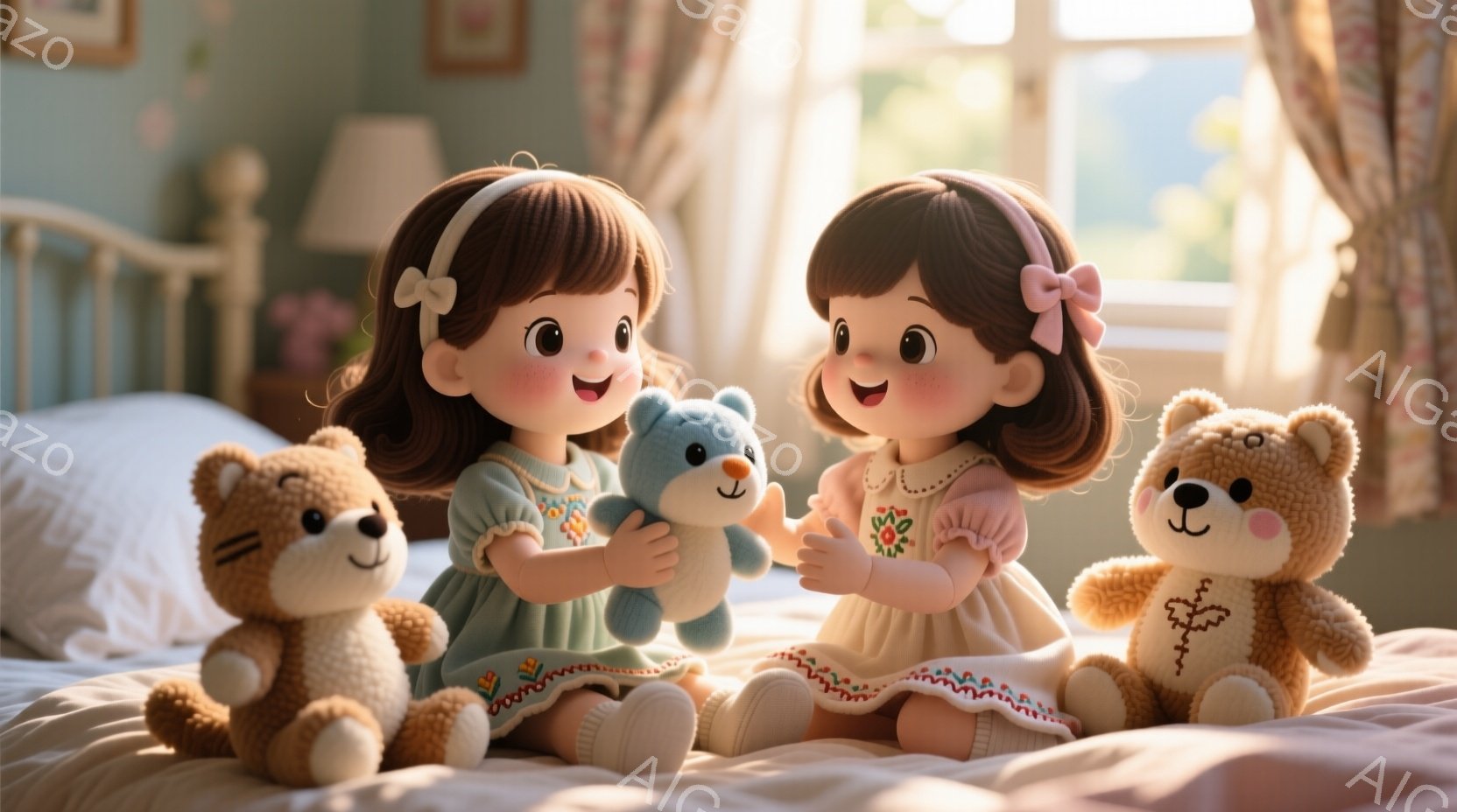 2人の幼い女の子がベッドに座り、それぞれテディベアを抱えています。彼女たちは同じ茶色の巻き毛で、ピンクのリボンをつけており、笑顔で楽しそうにしています。背景には、窓から差し込む柔らかい光と、花柄の壁紙、そして可愛らしいテディベアたちが配置され、暖かく穏やかな雰囲気を醸し出しています。