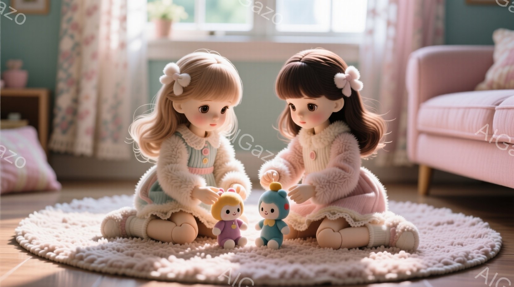 ふわふわの毛並みの人形が二人、丸いパステルピンクのラグの上に座って、小さな人形のおもちゃと遊んでいます。人形たちは、クリーム色のファーのジャケットとピンク色のスカートを身につけ、髪は茶色でカールしています。背景には窓から差し込む光があり、柔らかい雰囲気の室内が広がっています。
